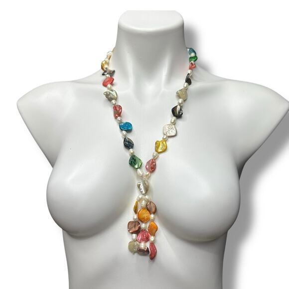 Freshwater Baroque Pearl Necklace Tassel Rainbow Multicolor Beach Ocean Wedding - Picture 2 of 14